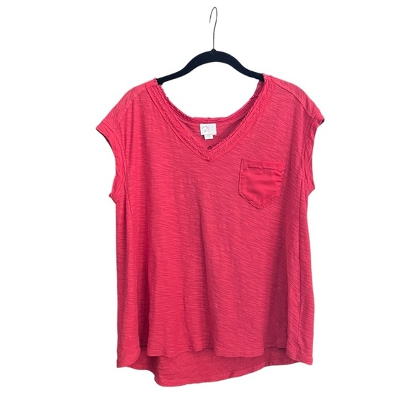 Anthropologie Postmark Slub Tee Women's Size S Red V-Neck Cap Sleeve Pocket Top - Picture 1 of 5